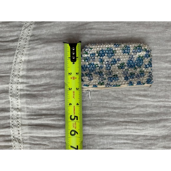 Vintage Small Beaded Coin Purse Pouch Blue Floral Clutch Wallet - Picture 4 of 9